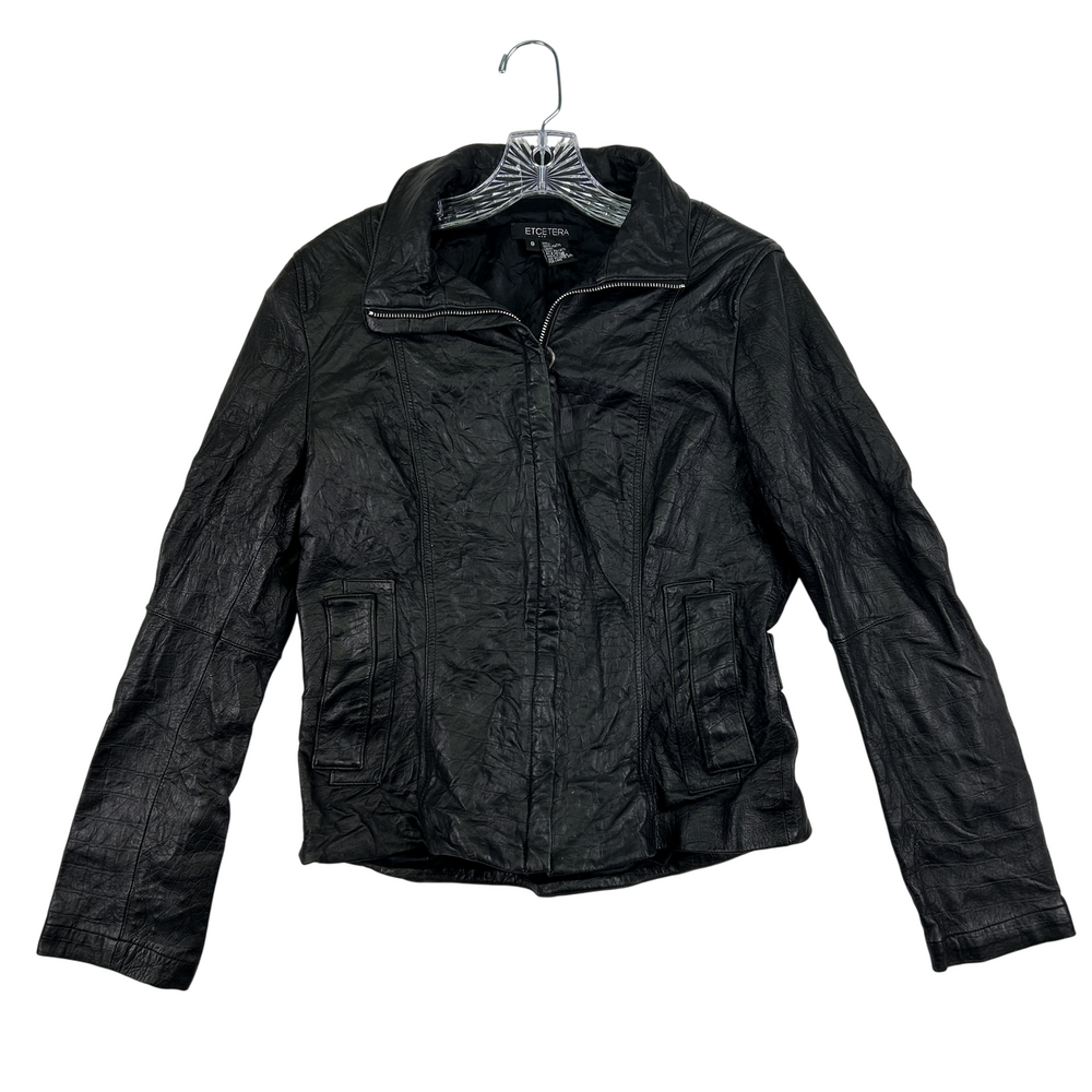 Leather Jacket Womens Size Small 8 Black Biker Full Zip Pockets Lined ETC